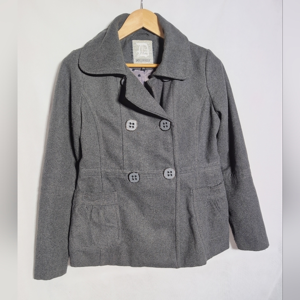Dollhouse Black Sz M Double-Breasted Pea Coat Square Buttons Polkadot Liner